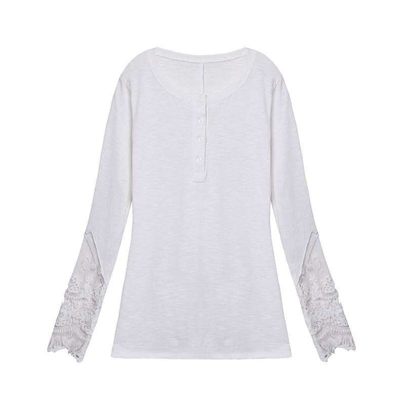 Women Lace Shirt Long Sleeve O-Neck Casual Slim Blouse Plus Size S-4XL