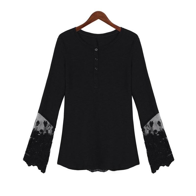 Women Lace Shirt Long Sleeve O-Neck Casual Slim Blouse Plus Size S-4XL