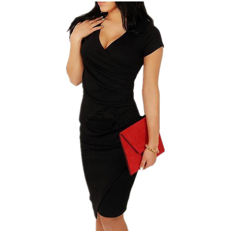 Dress Women Summer V-neck Slim Lady Wrap Red/Black Dresses Short Sleeve Sheath Package Hip Women Dresses vestidos