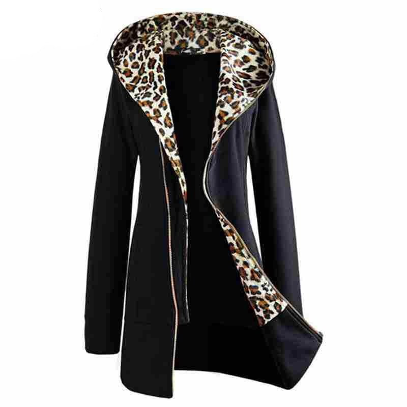 Online discount shop Australia - Fashion Womens Leopard Zipper Up Hooded Coat Jacket Long Sleeve Outwear Sweatshirts Plus Size M-XXL