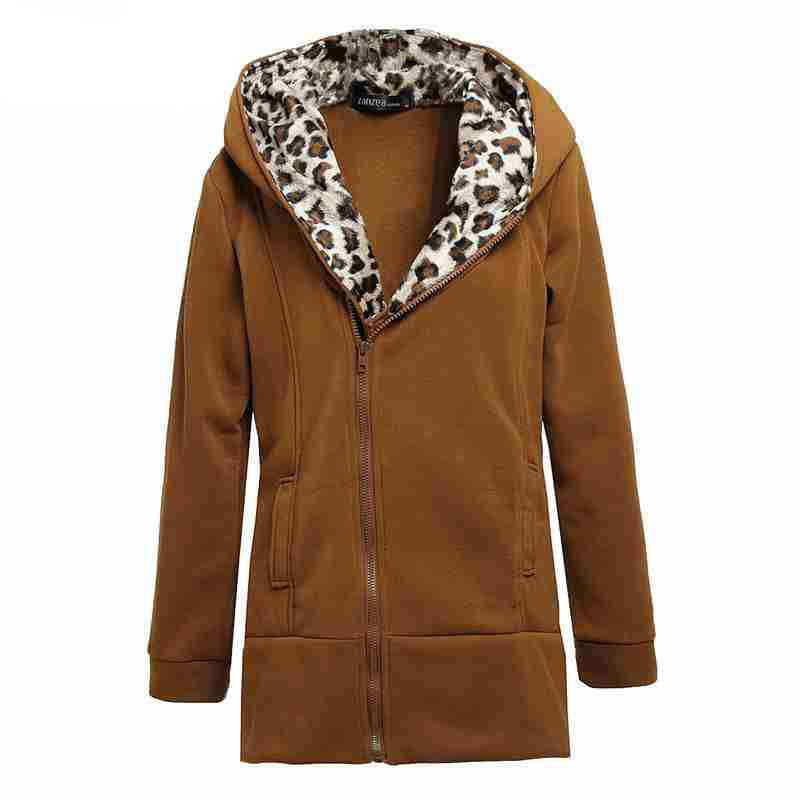 Online discount shop Australia - Fashion Womens Leopard Zipper Up Hooded Coat Jacket Long Sleeve Outwear Sweatshirts Plus Size M-XXL