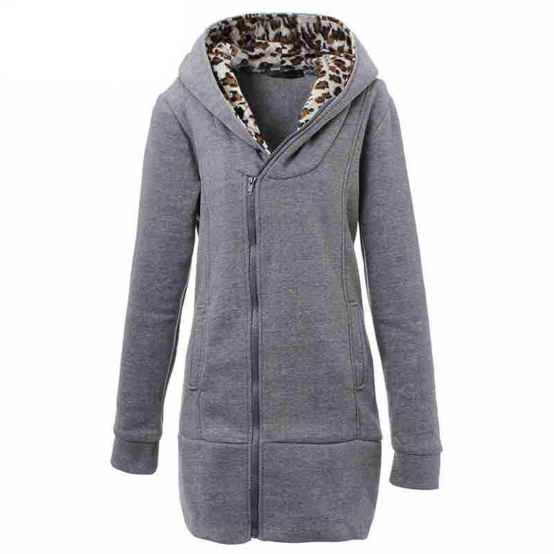 Online discount shop Australia - Fashion Womens Leopard Zipper Up Hooded Coat Jacket Long Sleeve Outwear Sweatshirts Plus Size M-XXL