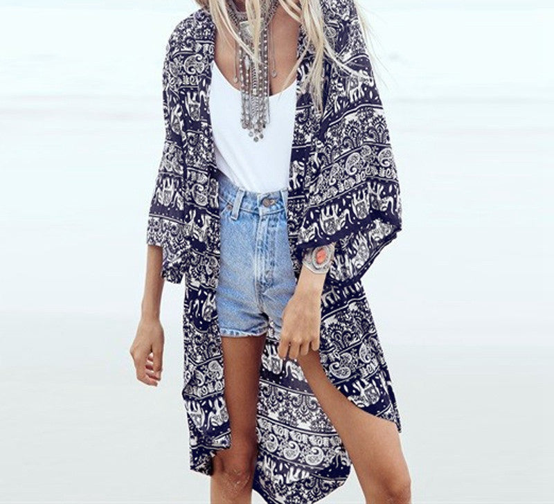Women Blouses Floral Print Casual Beach Boho Kimono Cardigan Ladies Long Tops Cover Up S-6XL