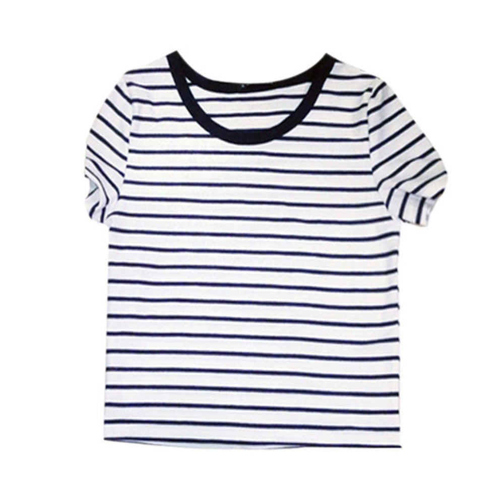 Online discount shop Australia - Cropped Tops Female Top Brand Casual Round Neck Short Sleeve Striped Crop T-Shirt