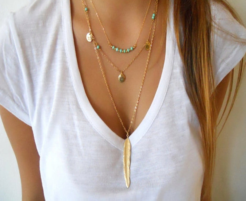 Fashion Boho Women's Simple Chain Multilayer Necklace Gold Plated Turquoise Feather Pendant Sequins Tassel Necklace