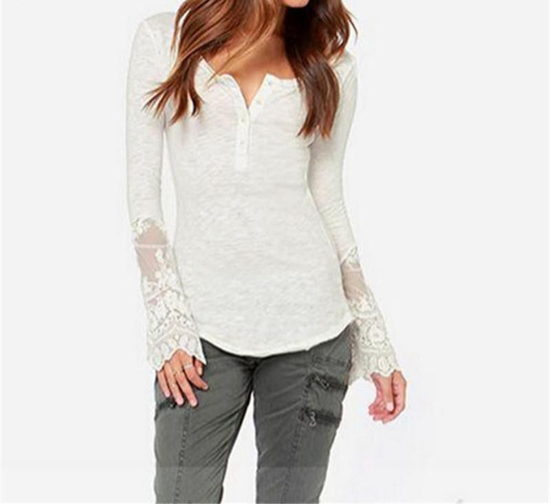 Women Fashion Tops Lace Patchwork Long Sleeve O-Neck Shirts Ladies Blouse Black White Plus Size S-4XL