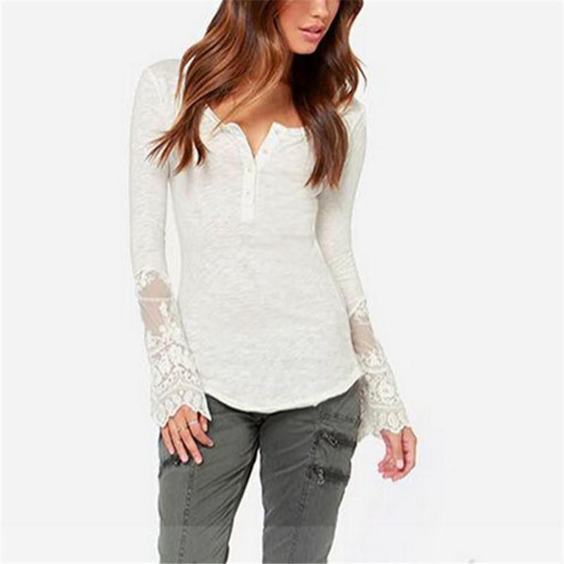 Women Fashion Tops Lace Patchwork Long Sleeve O-Neck Shirts Ladies Blouse Black White Plus Size S-4XL