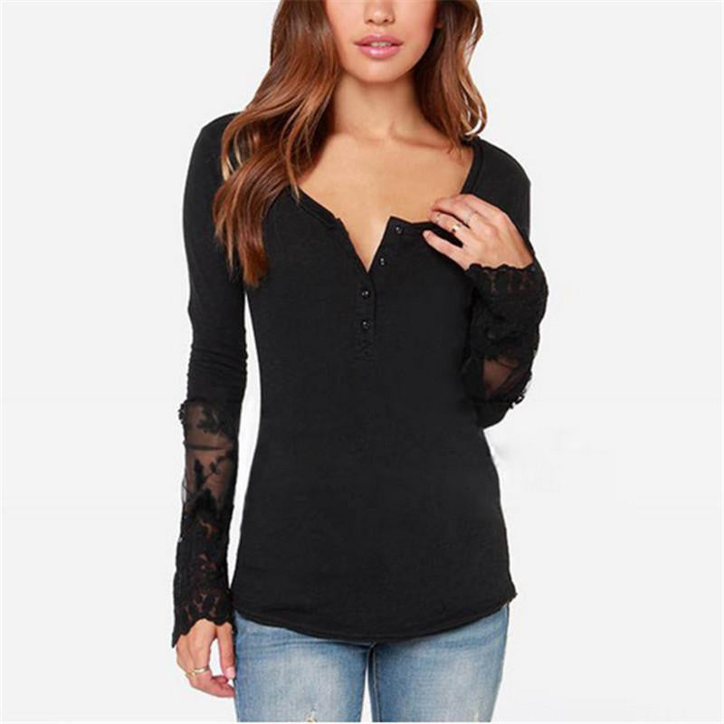 Women Fashion Tops Lace Patchwork Long Sleeve O-Neck Shirts Ladies Blouse Black White Plus Size S-4XL