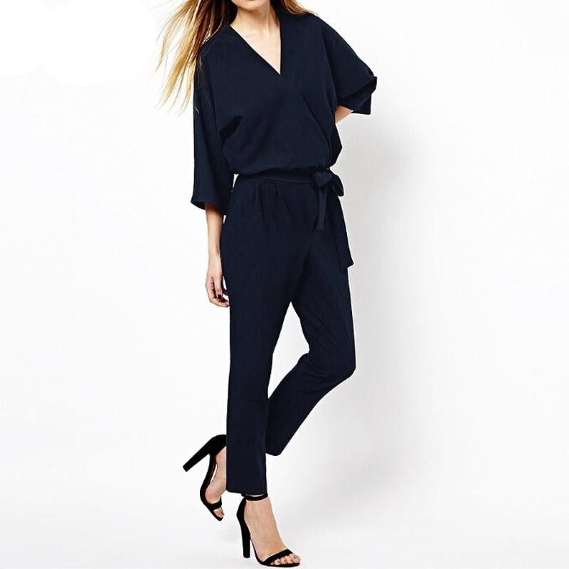 Women Jumpsuits Fashion Half Sleeve V Neck Casual Elegant Ladies Long Rompers Overalls