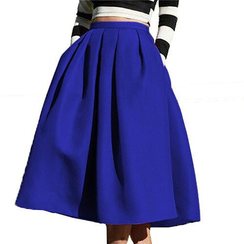 Women's European Style Famous High Waist Pockets Flare Pleated Latest Vintage A Line Midi Skirt