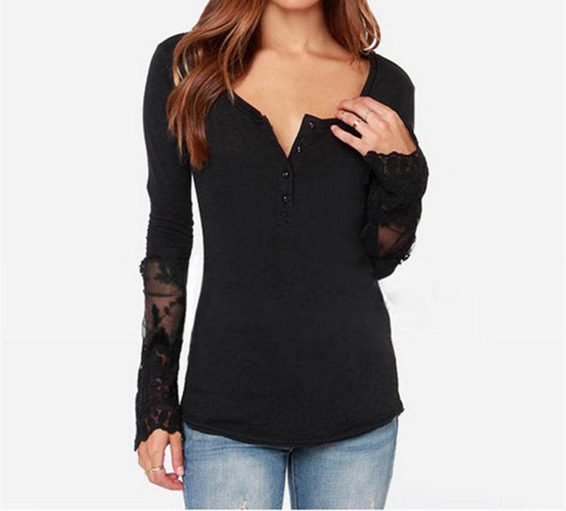 Online discount shop Australia - Ladies Women Tops Lace Long Sleeve O-Neck Casual Blouse S-4XL