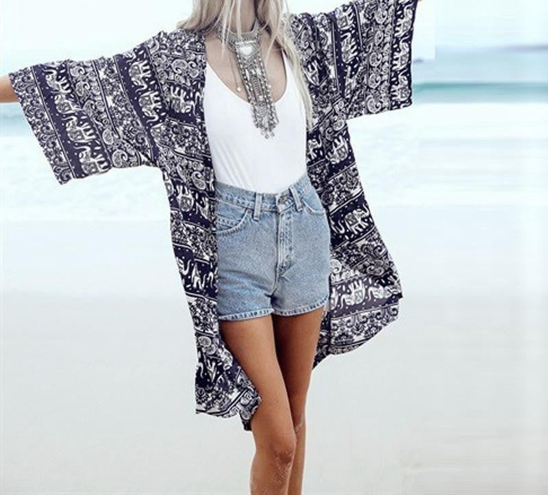 Women Floral Print Blouse 3/4 Sleeve Casual Beach Boho Cover Up Kimono Cardigan Long Tops Plus Size S-6XL