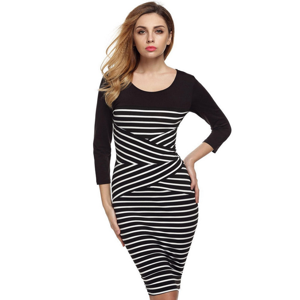 Online discount shop Australia - FINEJO Women Autumn Dress O-neck 3/4 Sleeve Sexy Casual Patchwork Striped Bodycon Pencil Dress S-XXL Women's Clothing Vestidos