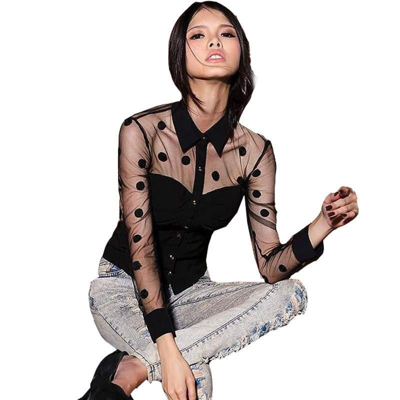 Woman Clothes Fashion Long Sleeve Retro Chiffon Polka Dot Shirt Blouse Ladies Mesh Tops