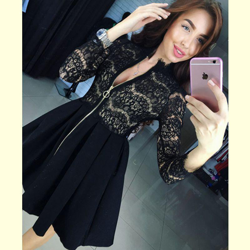 Women Fashion Casual Lace Patchwork Dress V-Neck half Sleeve Evening party Dress