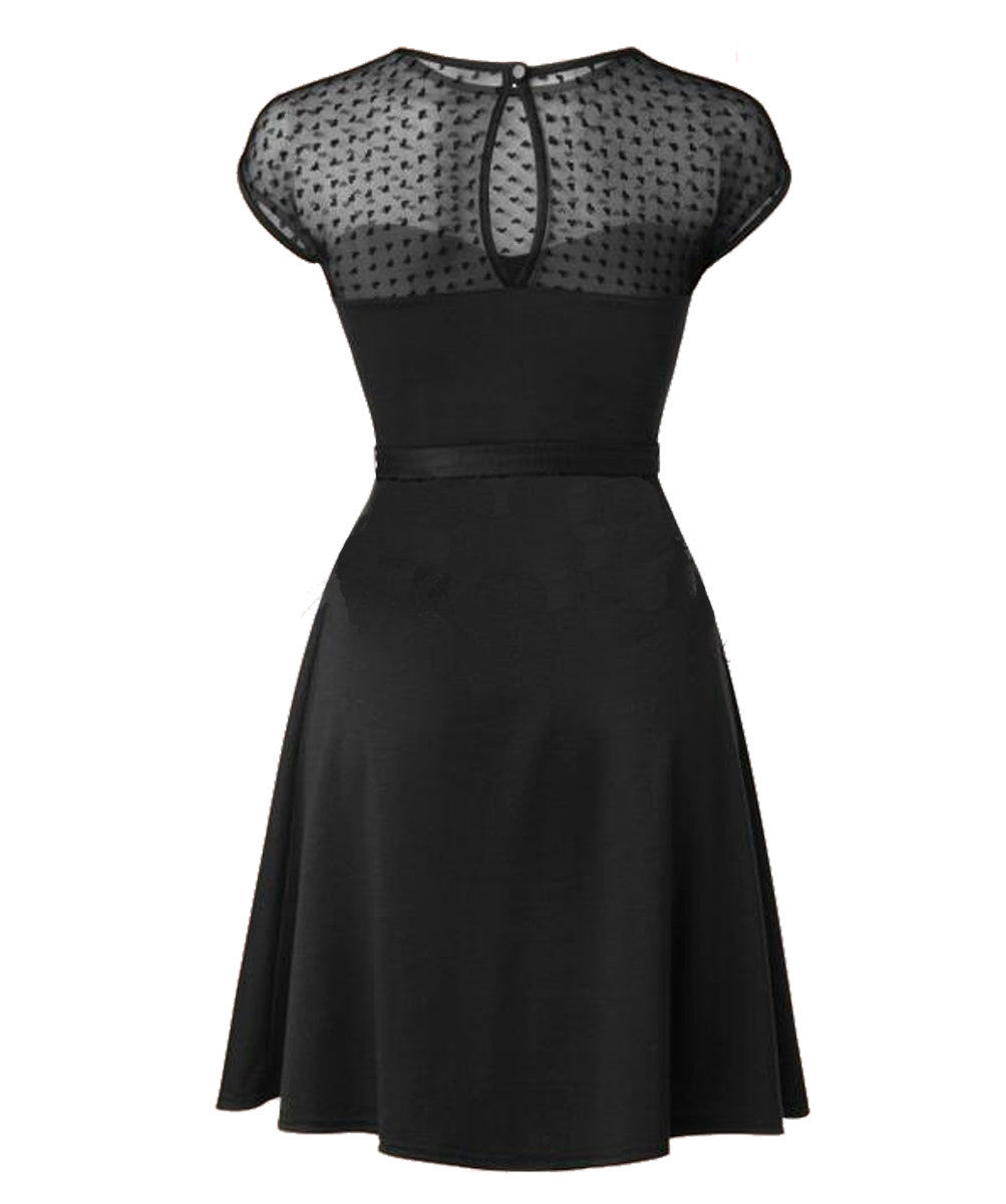 Online discount shop Australia - Heart Pattern Gauze Mesh Summer Dress Patchwork Swing Cocktail Bow Belt Women Little Black Dress Fashion Women Clothing New