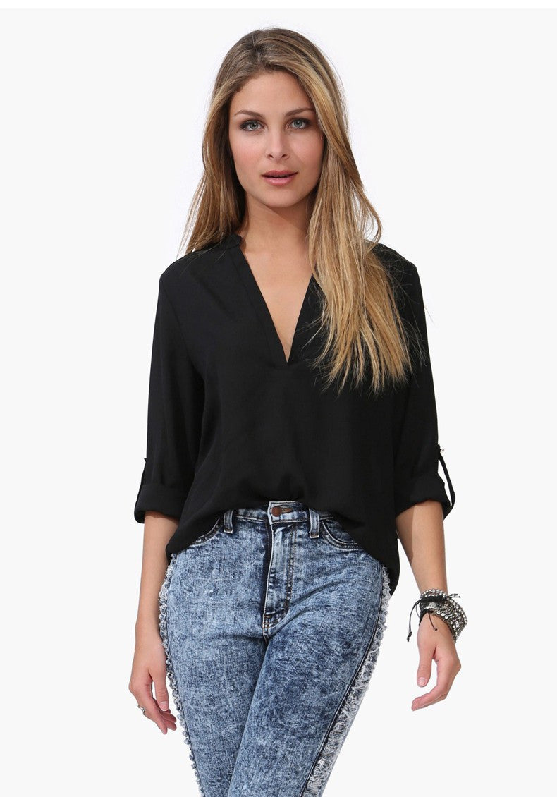 Online discount shop Australia - Fashion Women Temperament Casual Shirt Slim V-neck Chiffon Blouse