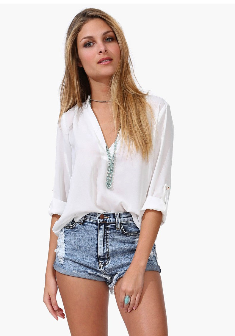 Online discount shop Australia - Fashion Women Temperament Casual Shirt Slim V-neck Chiffon Blouse