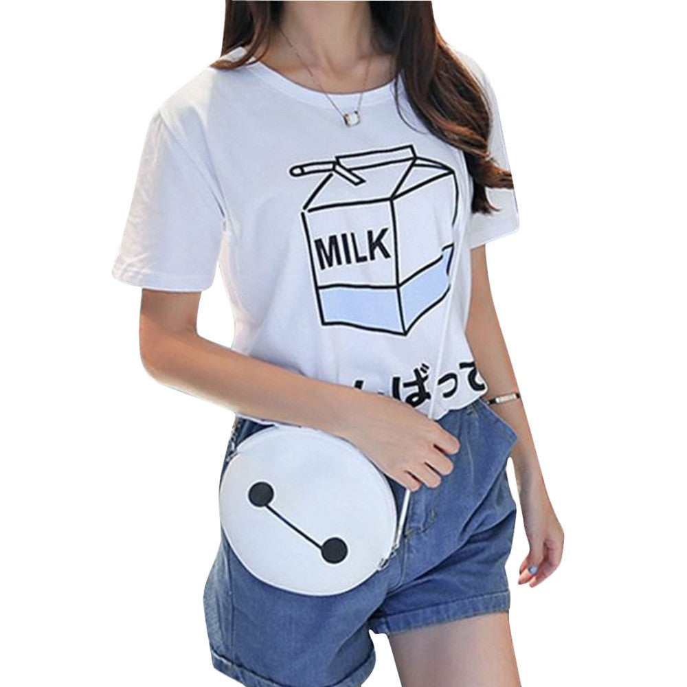 Leisure All-match White T Shirt Women Cute Pringting Milk Short Sleeve Loose Tops Top Tees