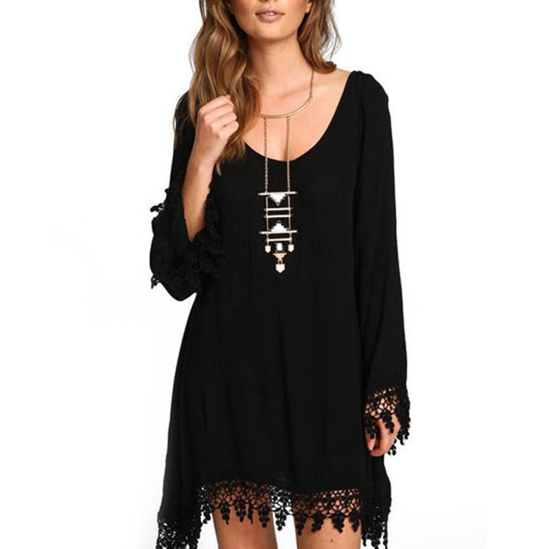 Women Ladies Casual Loose Long Sleeve Tassel Black Party Dress Summer Boho Beach Maxi Sun Dresses Z2