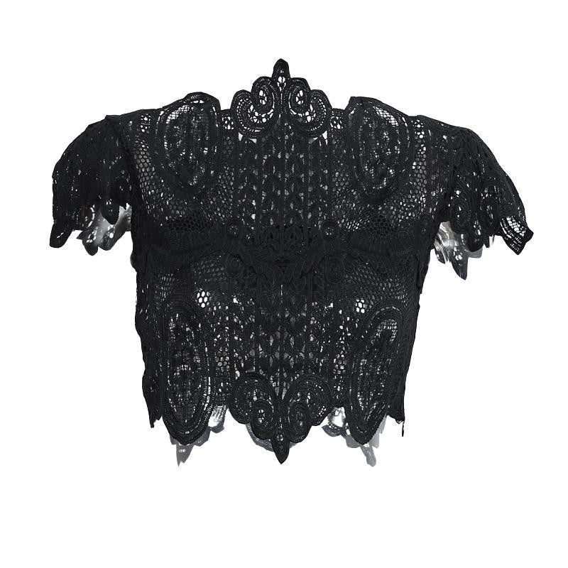 Online discount shop Australia - elegant black lace crochet crop top Girls short sleeve white blouse Women sexy hollow out tank tops