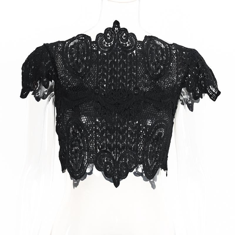 Online discount shop Australia - elegant black lace crochet crop top Girls short sleeve white blouse Women sexy hollow out tank tops