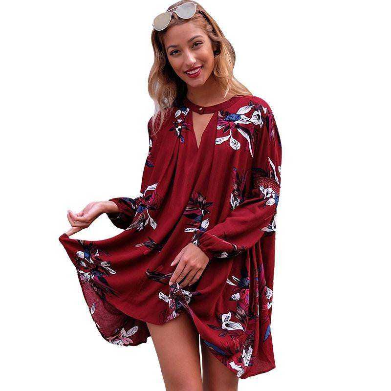 Vintage pleated boho women dress christmas hollow out loose dress Casual lantern sleeve floral short dress