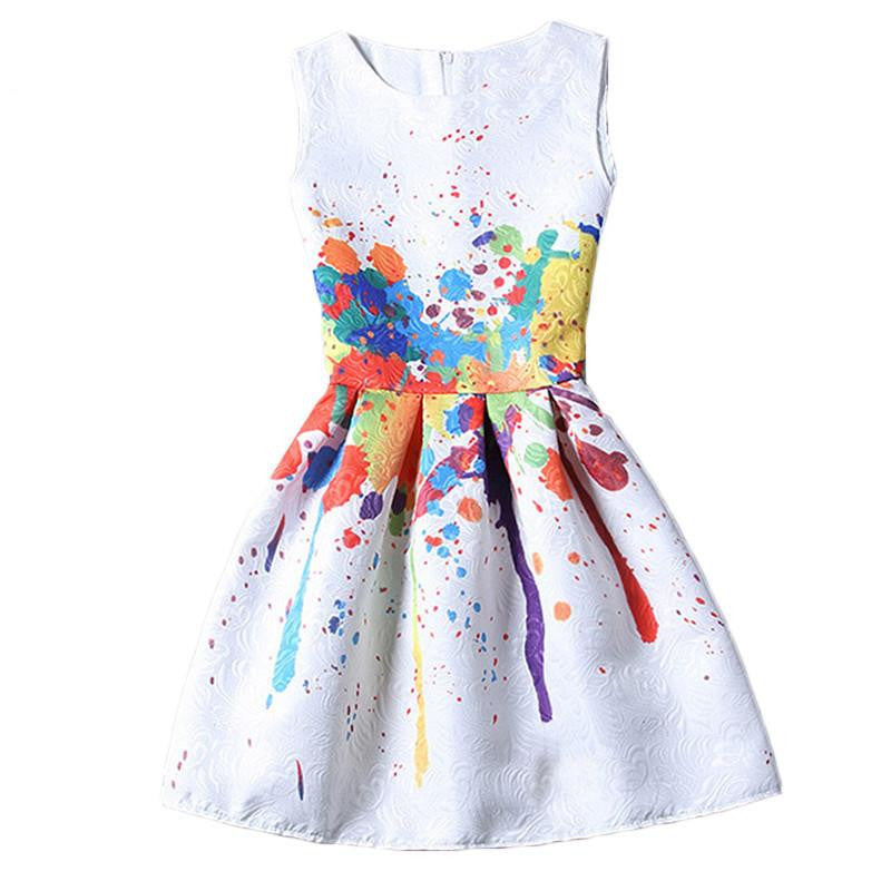 Women Colourful Round Neck Sleeveless Graffiti Print Jacquard Dresses Ladies Cute A Line Short Dress