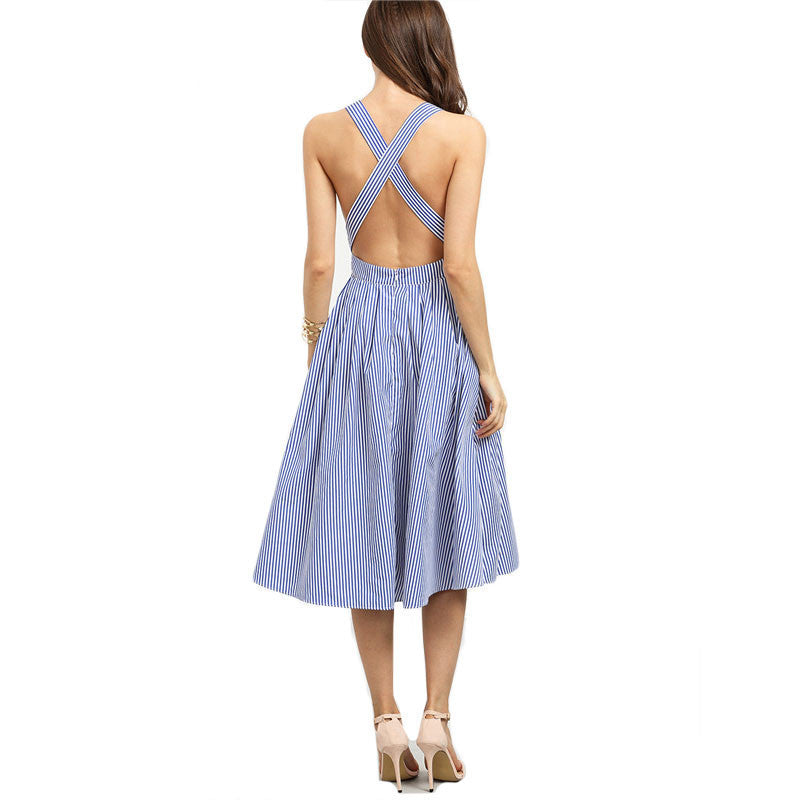 Online discount shop Australia - COLROVIE Beach Wear Summer New Style Women Blue Striped Sleeveless Criss Cross Back A Line Backless Dress