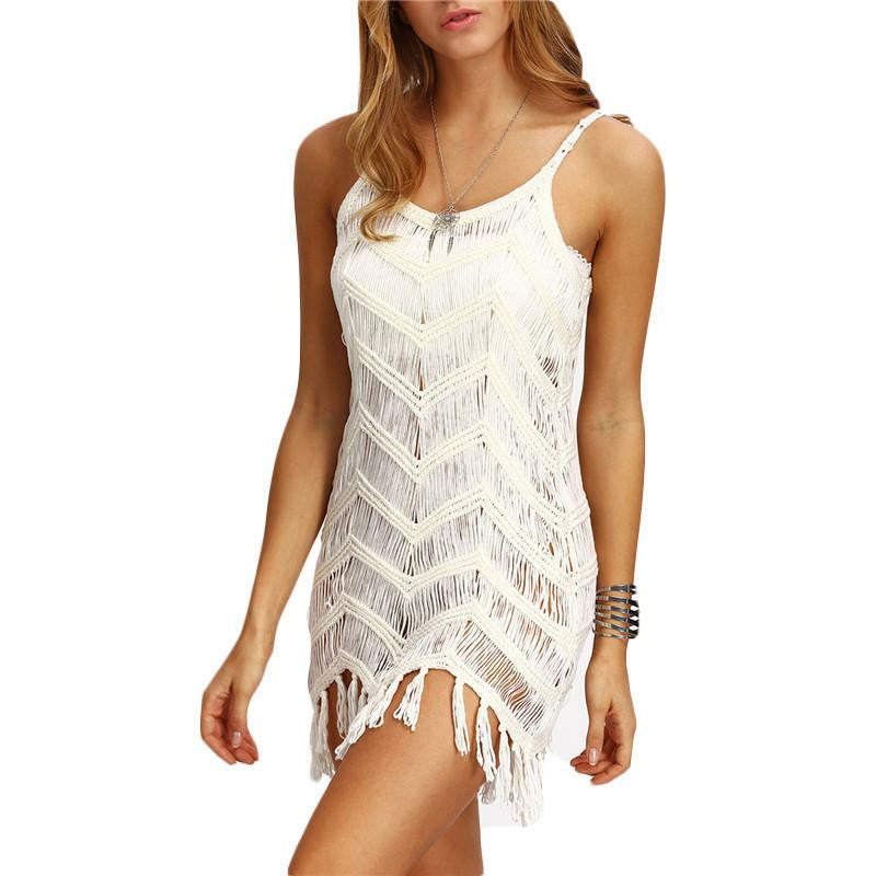 Women Beach Dresses Casual Sleeveless Hollow Beige Tassel Spaghetti Strap Mini Dress