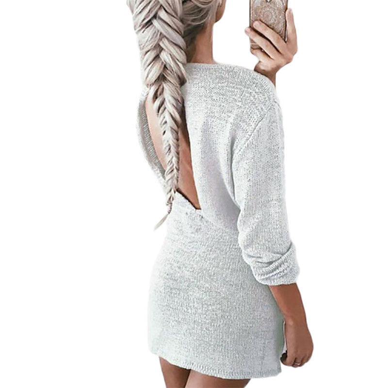 Online discount shop Australia - Casual new autumn sweater dress cut out back sexy short dresses for women long sleeve solid slim grey vestidos ladies dress