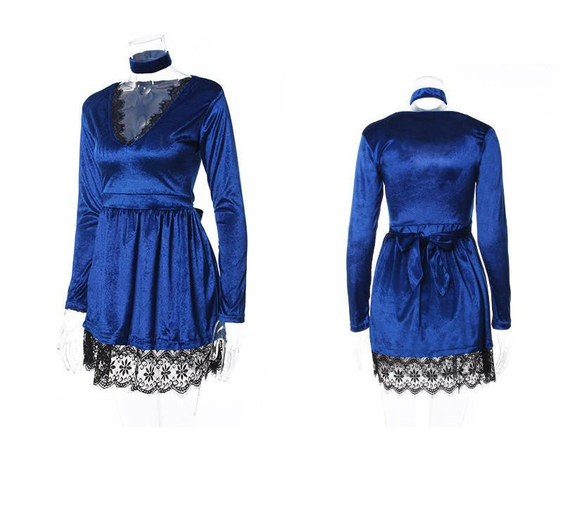 Women Winter Dresses Series Spring Fashion Velvet Long Sleeve Lace Midi Dress For Women A16346