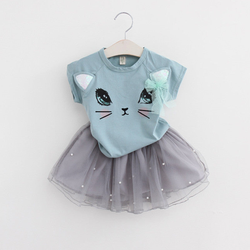 Online discount shop Australia - Girls Dress New Clothes 100% Fashion Style Cartoon Cute Little White Cartoon Dress Kitten Printed Dress