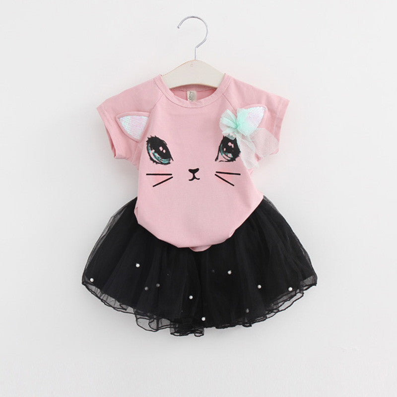 Online discount shop Australia - Girls Dress New Clothes 100% Fashion Style Cartoon Cute Little White Cartoon Dress Kitten Printed Dress