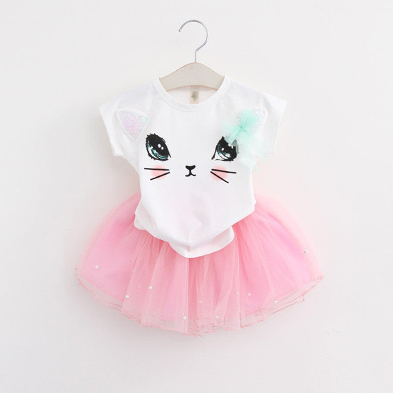 Online discount shop Australia - Girls Dress New Clothes 100% Fashion Style Cartoon Cute Little White Cartoon Dress Kitten Printed Dress