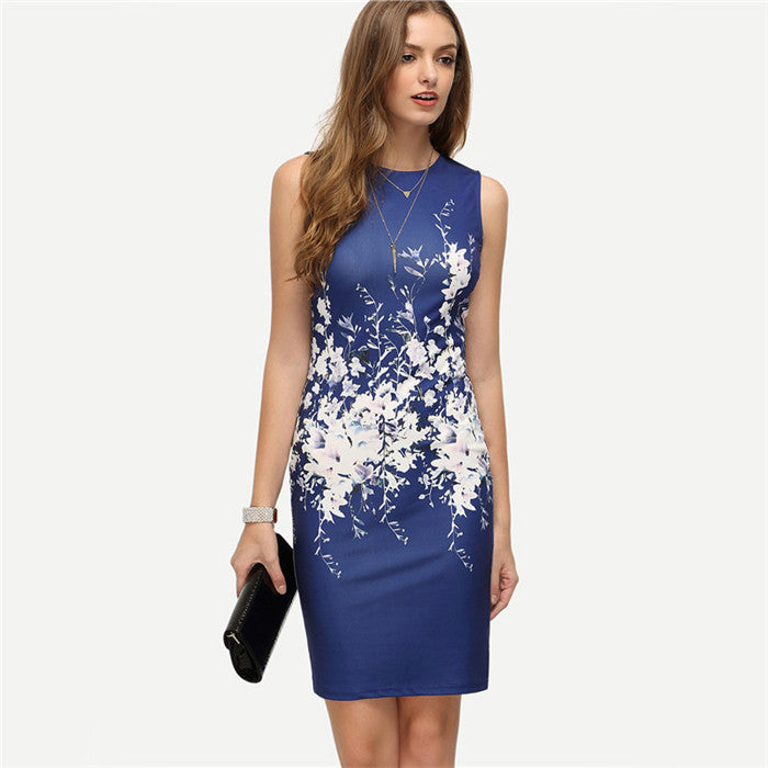 Online discount shop Australia - COLROVIE New Summer Style Bodycon Dresses Vintage Ladies Sexy Fitness Floral Print Sleeveless Crew Neck Dress