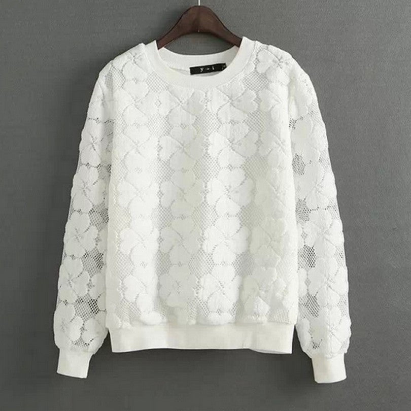 Round Neck Hedging Sweatshirt Women Lace Hollow Out Female Hoodies All-Match Bottoming