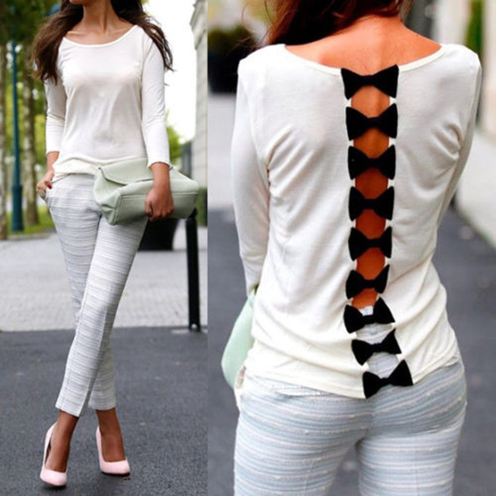 Online discount shop Australia - Fashion Womens Girls Sexy Back Bow Casual Long Sleeve Pure Blouse Shirt Tops