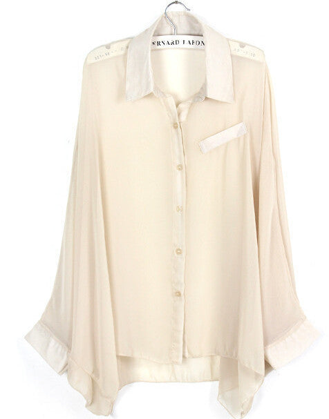 Online discount shop Australia - European style plus size batwing sleeve loose transparent chiffon shirt women long sleeve sheer blouses
