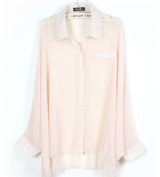 Online discount shop Australia - European style plus size batwing sleeve loose transparent chiffon shirt women long sleeve sheer blouses