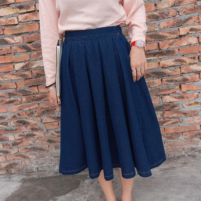 women denim pleated skirt style vintage jeans high waist clothing