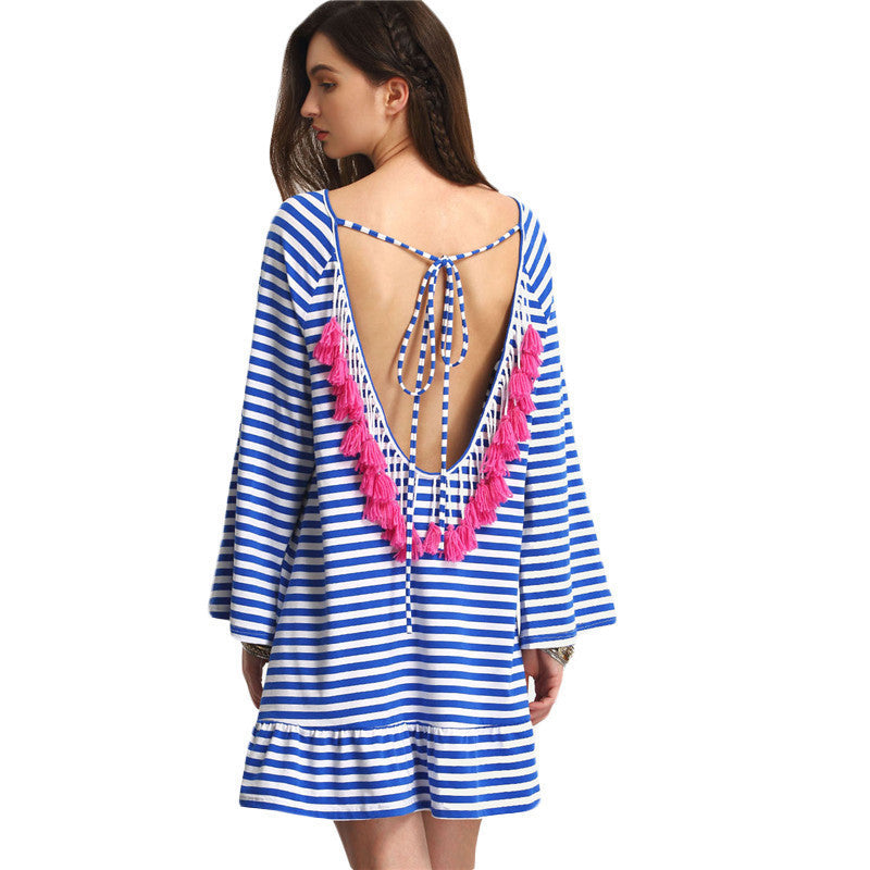 Online discount shop Australia - COLROVIE Sexy Striped Backless Tassel Straight Summer Style Dresses New Beach Women Long Sleeve White Shift Dress