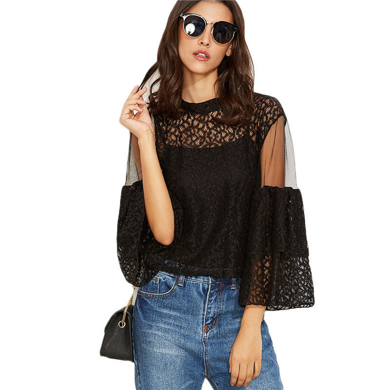 Online discount shop Australia - Black Lace Mesh Insert Keyhole Back Shirt With Cami Top Women Plain Round Neck 3/4 Sleeve Blouse