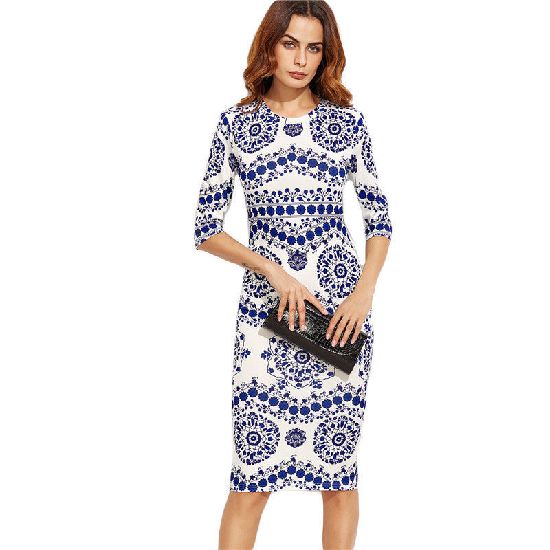 Online discount shop Australia - Blue And White Porcelain Print Slim Pencil Dress Office Ladies Work Wear Round Neck 3/4 Sleeve Midi Dress