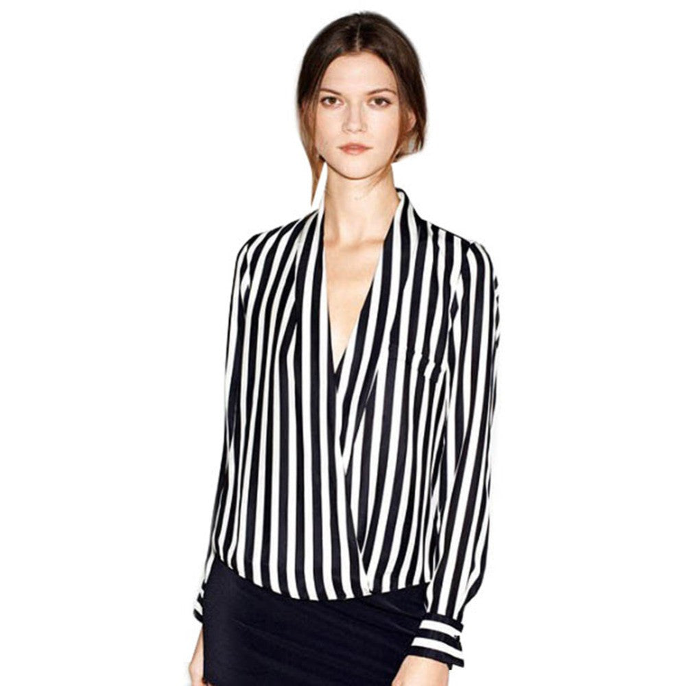 Online discount shop Australia - Fashion Women Long Sleeve Chiffon Button Striped Blouse Shirt Lapel Tops Shirt