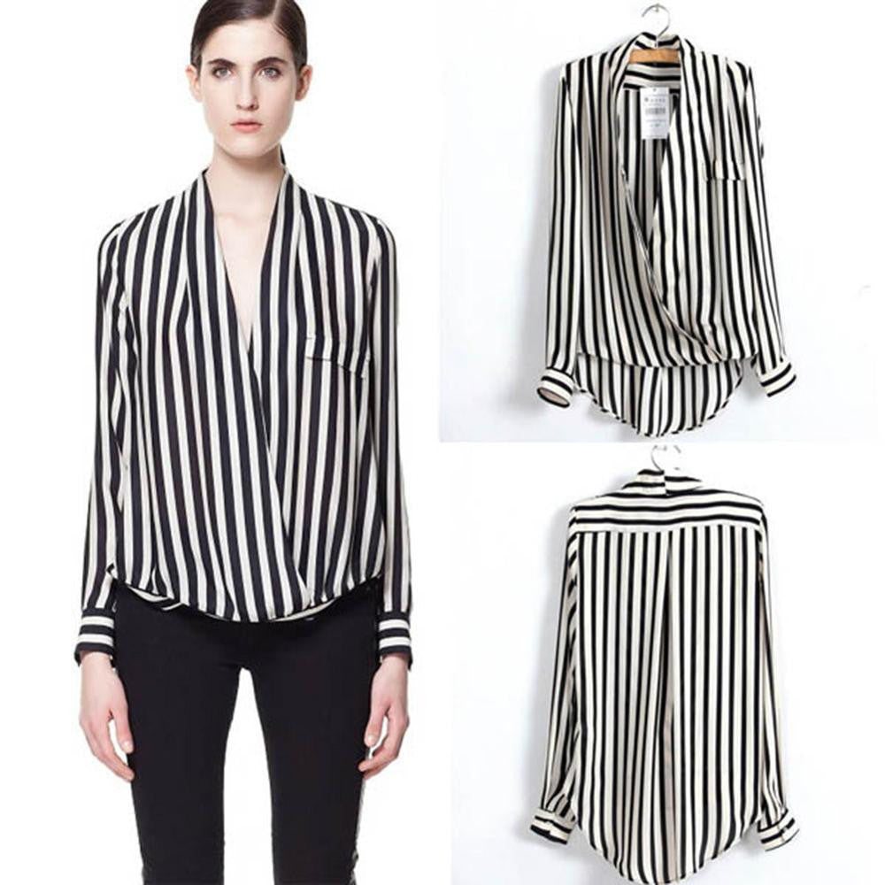 Online discount shop Australia - Fashion Women Long Sleeve Chiffon Button Striped Blouse Shirt Lapel Tops Shirt