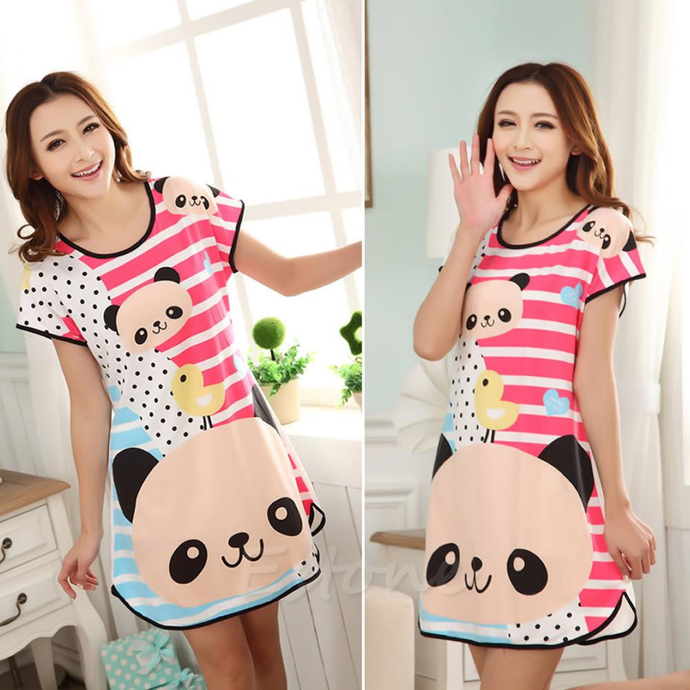 Women Cartoon Polka Dot Sleepwear Short Sleeve Sleepshirt Sleepdress