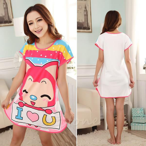 Women Cartoon Polka Dot Sleepwear Short Sleeve Sleepshirt Sleepdress