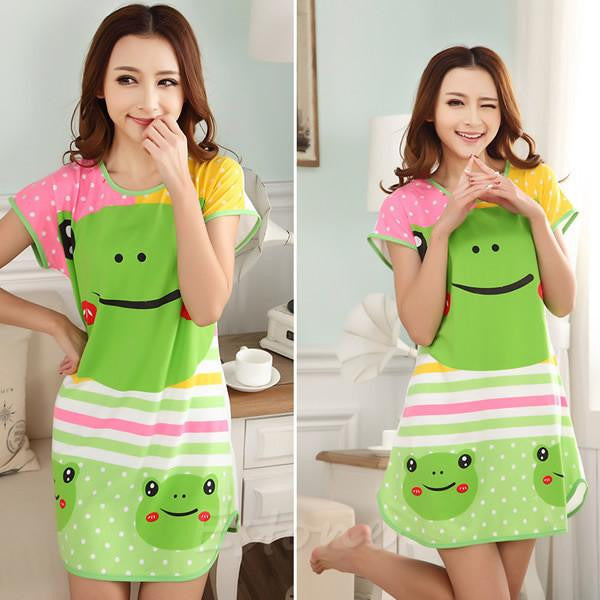 Women Cartoon Polka Dot Sleepwear Short Sleeve Sleepshirt Sleepdress