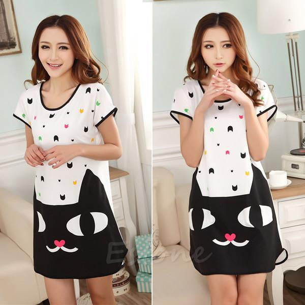 Women Cartoon Polka Dot Sleepwear Short Sleeve Sleepshirt Sleepdress